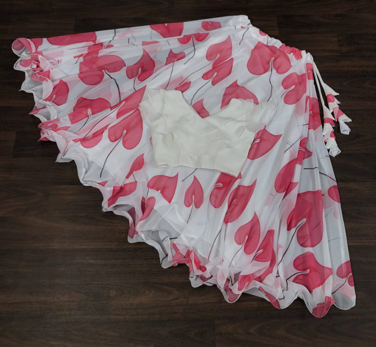 Beautiful Leaf Print Pink Color Lehenga With Blouse
