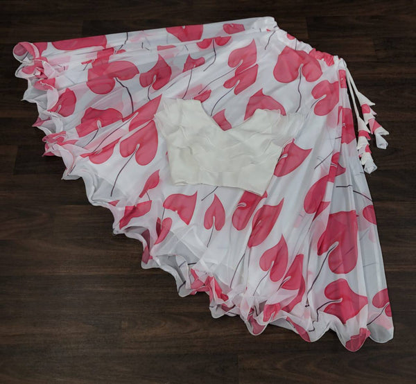 Beautiful Leaf Print Pink Color Lehenga With Blouse