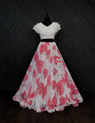 Beautiful Leaf Print Pink Color Lehenga With Blouse