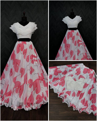 Beautiful Leaf Print Pink Color Lehenga With Blouse
