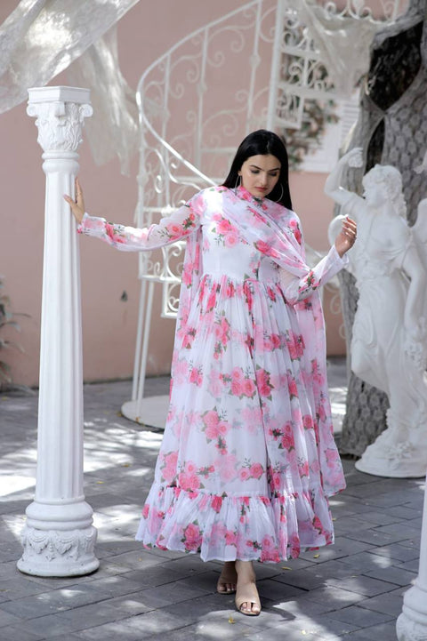 Trendy Full Sleeve White Color Printed Gown Main image