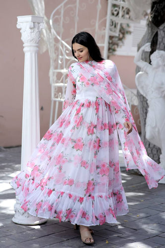Trendy Full Sleeve White Color Printed Gown