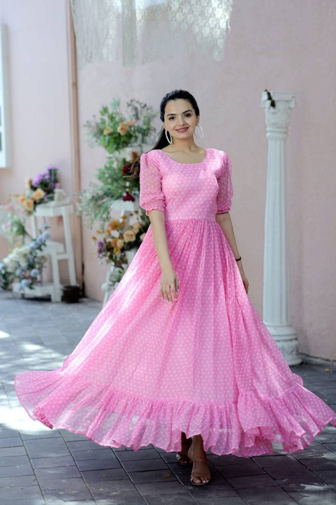 Polka Dot Printed Work Light Pink Color Gown