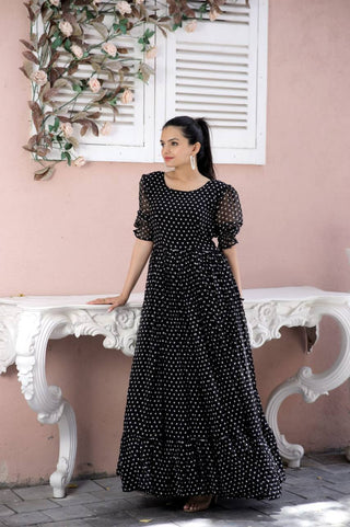Polka Dot Printed Work Black Color Gown