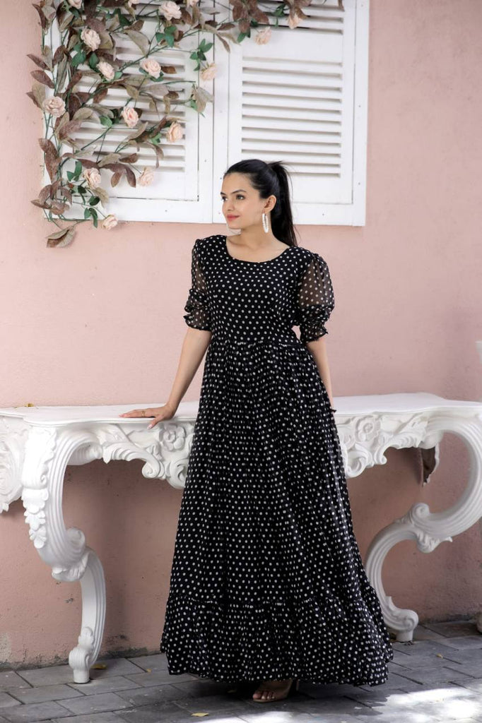 Polka Dot Printed Work Black Color Gown