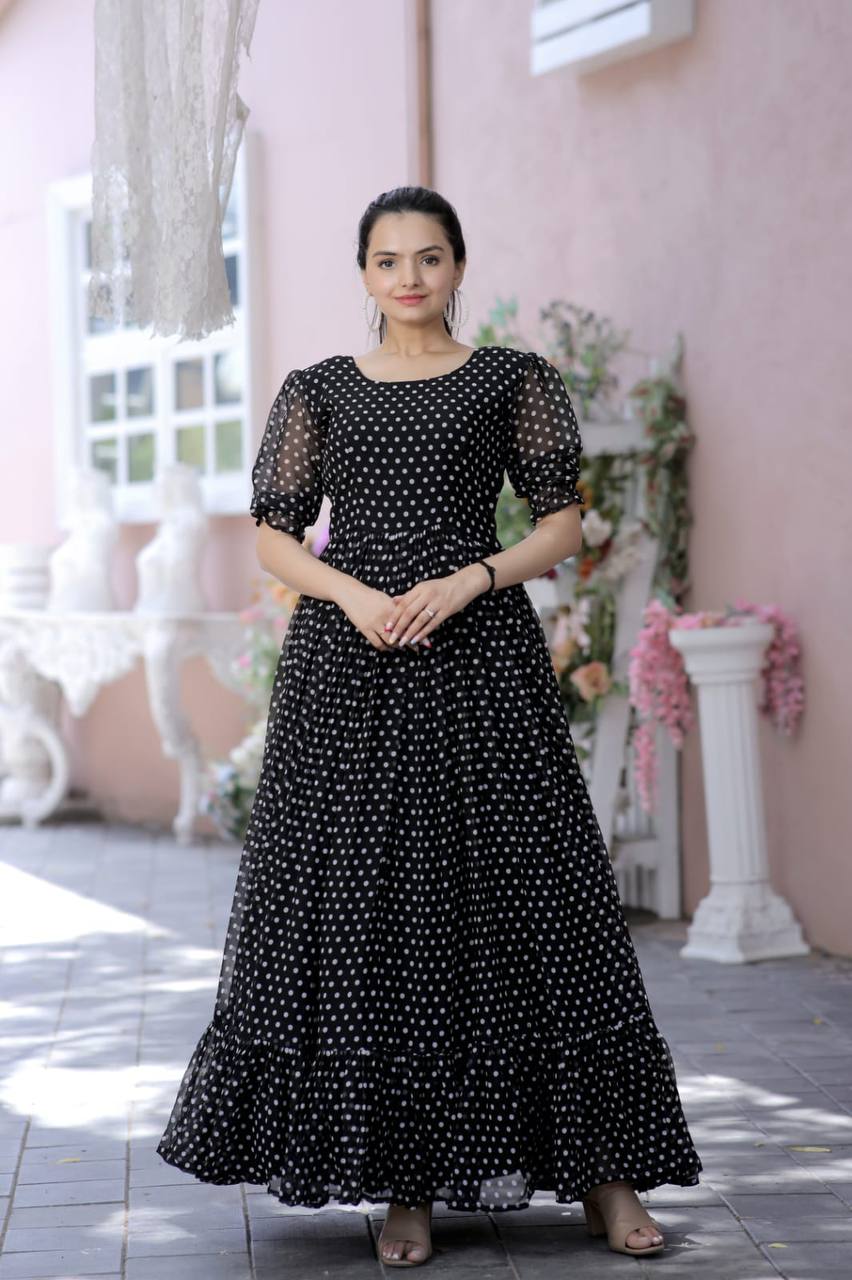 Polka Dot Printed Work Black Color Gown Main image