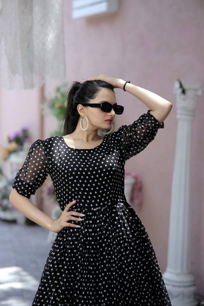 Polka Dot Printed Work Black Color Gown - Clothsvilla Polka Dot Printed Work Black Color Gown - Clothsvilla