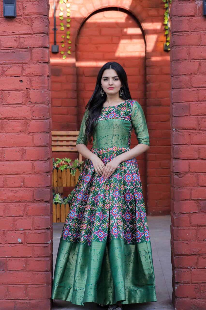 Beautiful Patola Print Green Color Gown Main image