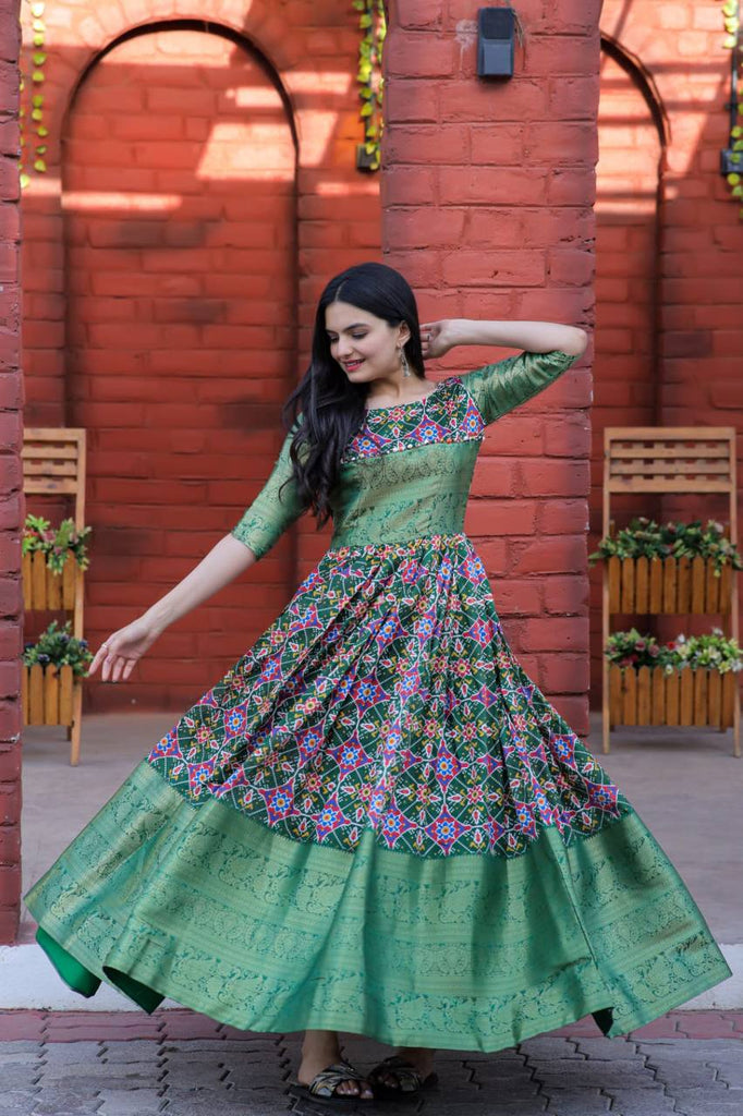 Beautiful Patola Print Green Color Gown