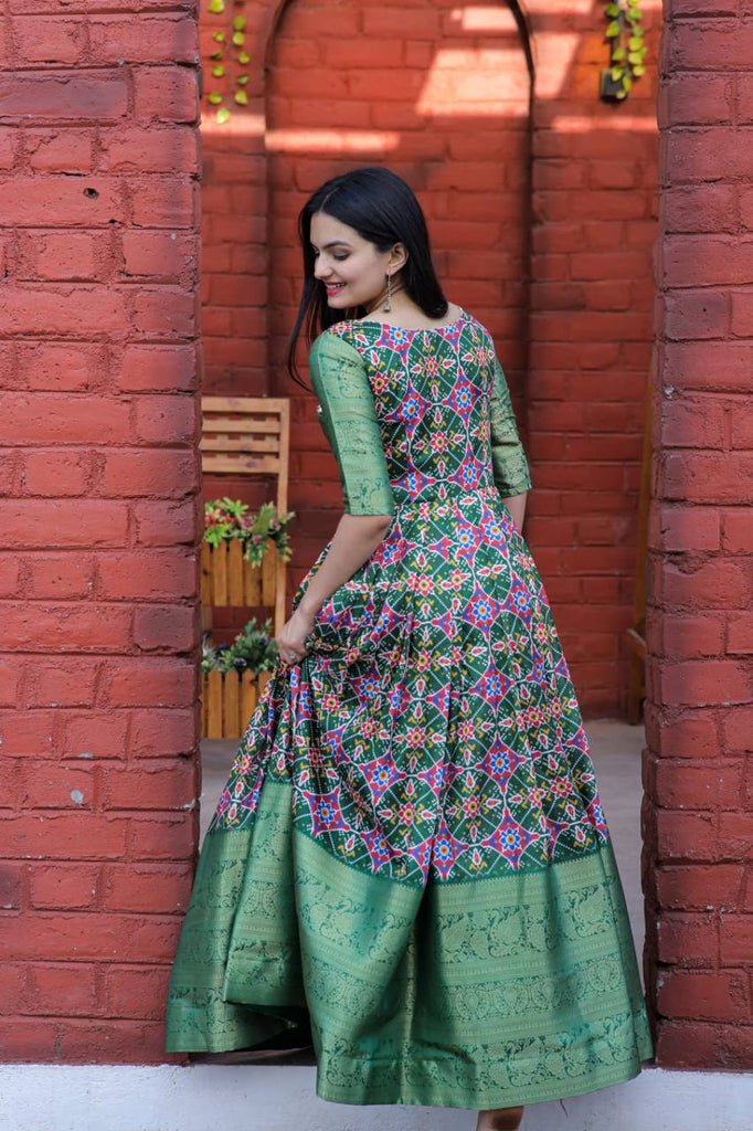 Beautiful Patola Print Green Color Gown