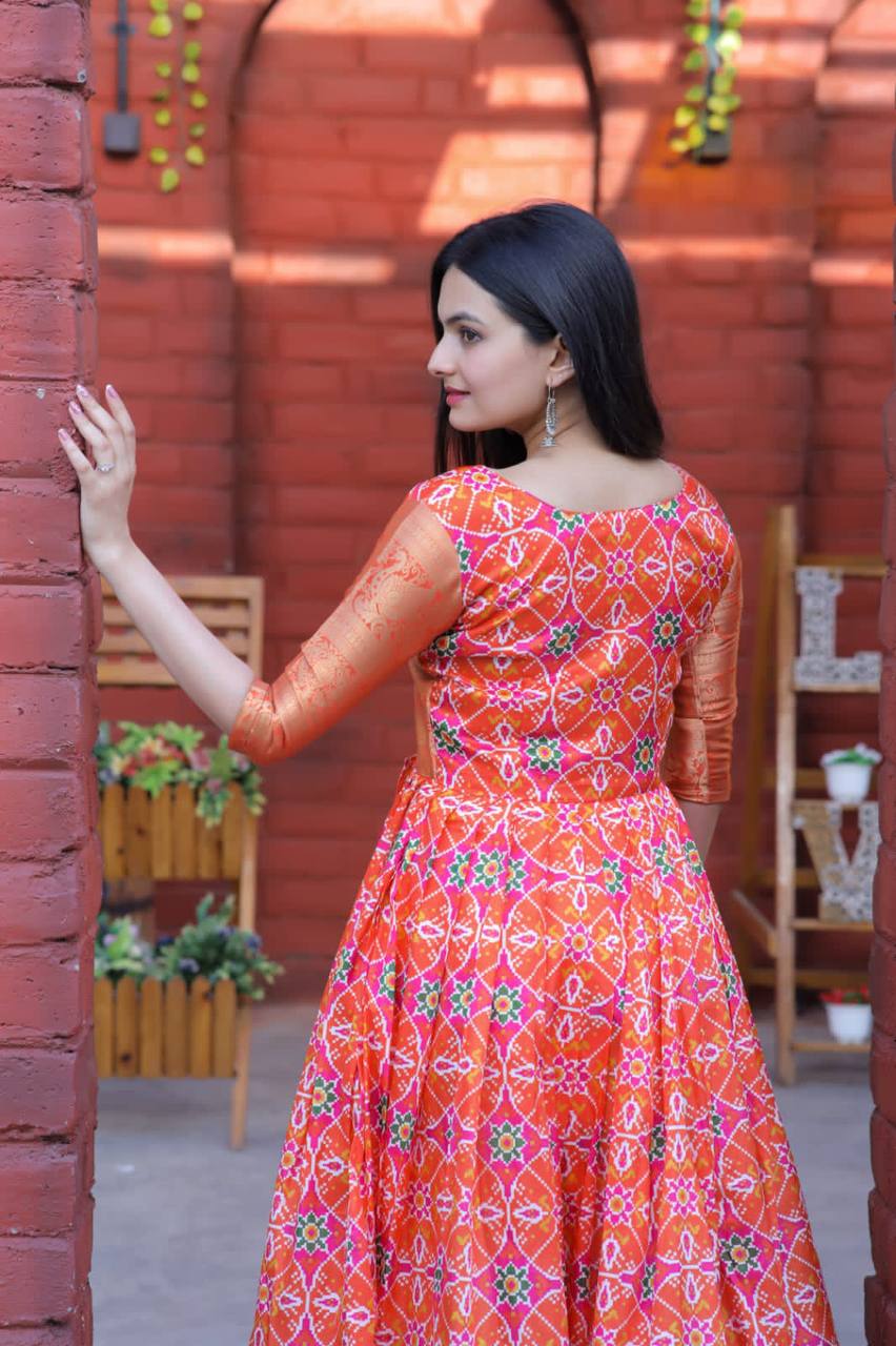 Buy HALFSAREE STUDIO Orange Banarasi silk Zari Woven Long Gown Online at  Best Prices in India - JioMart.