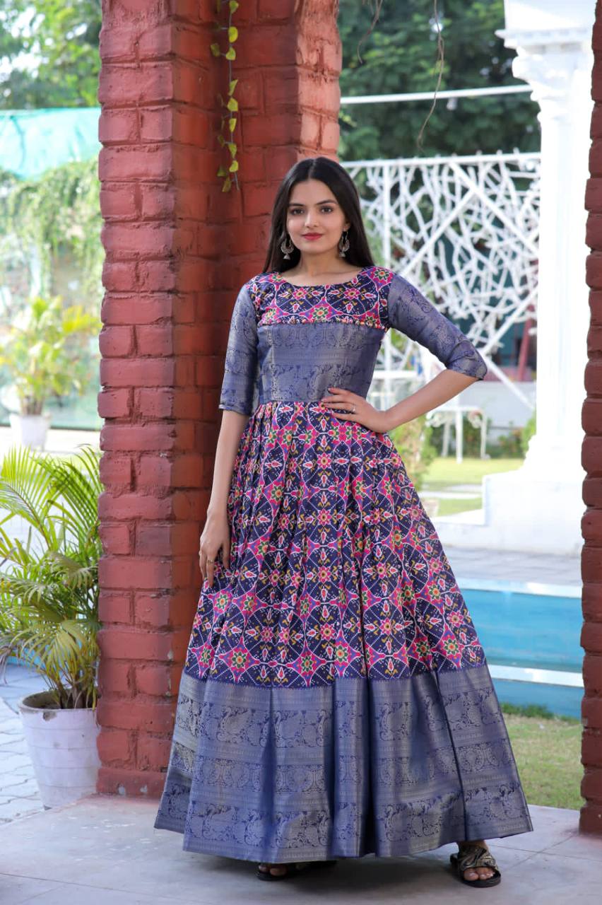 Beautiful Patola Print Blue Color Gown Main image