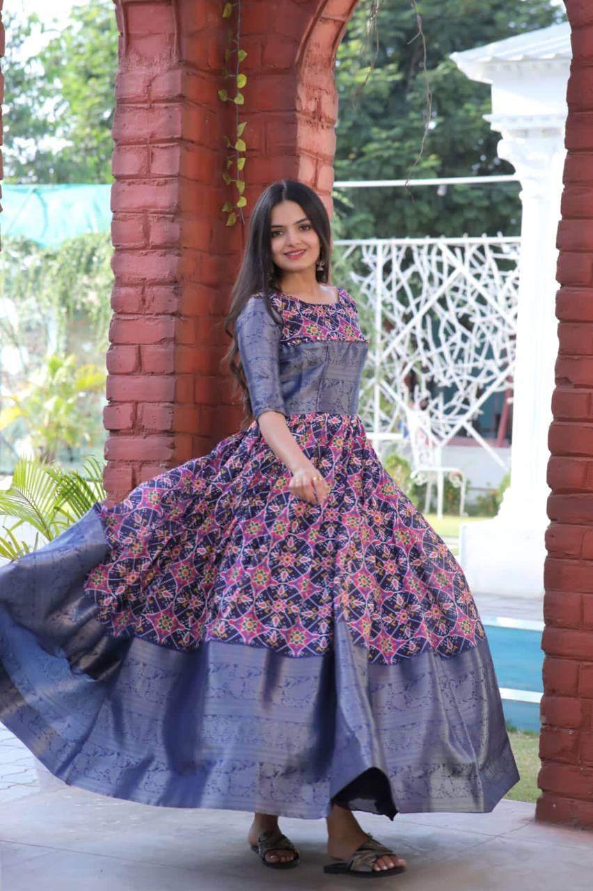 Beautiful Patola Print Blue Color Gown