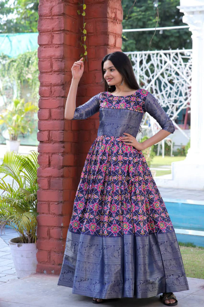 Beautiful Patola Print Blue Color Gown