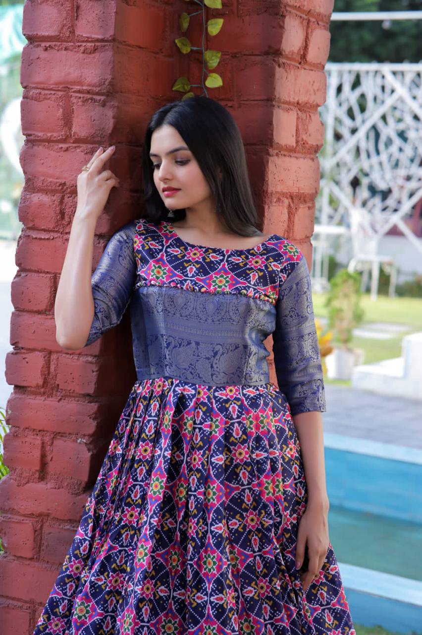 Beautiful Patola Print Blue Color Gown