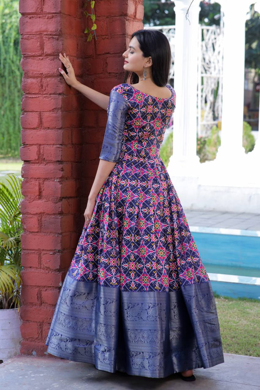 Beautiful Patola Print Blue Color Gown