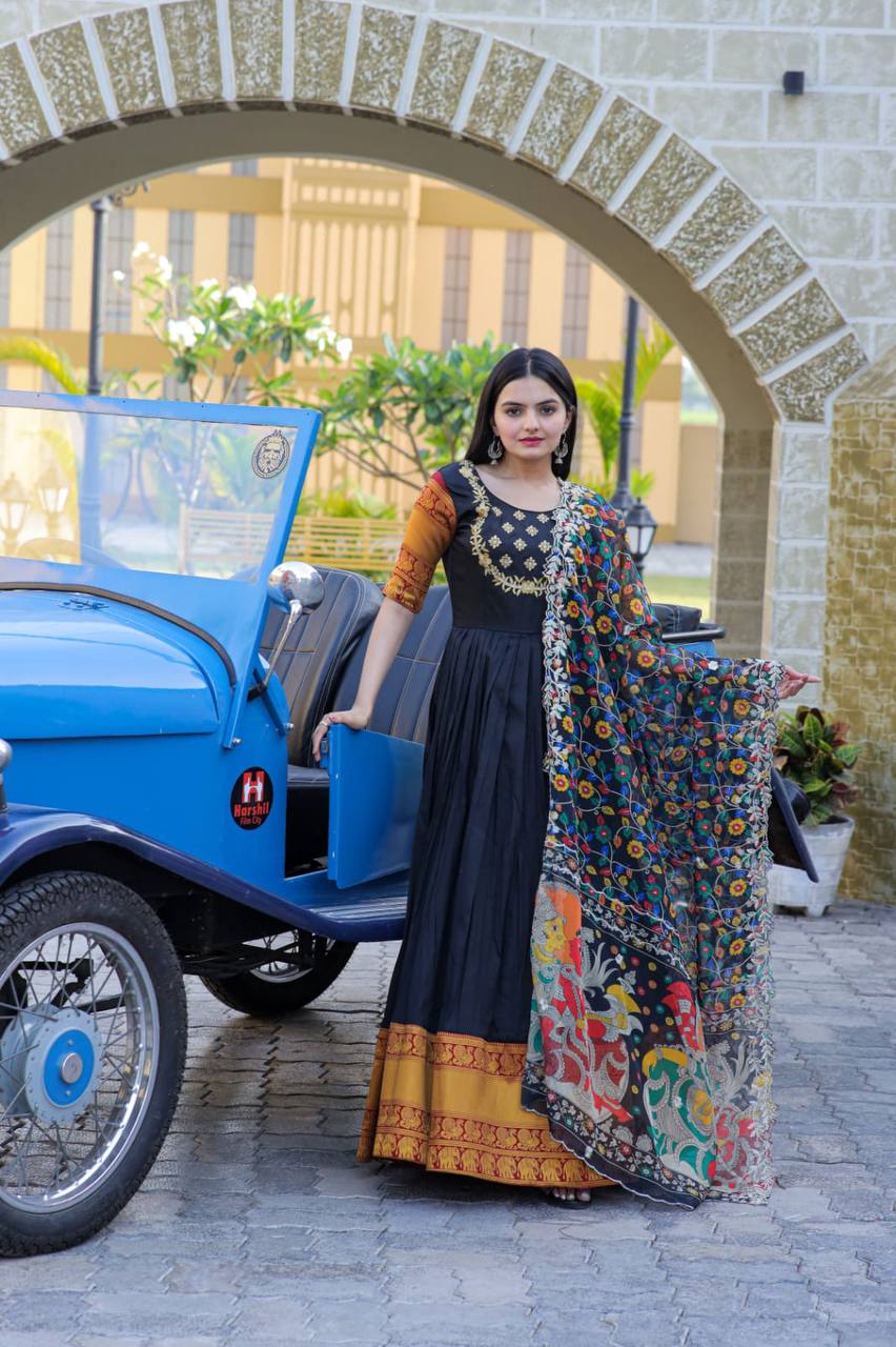 Black Embroidery Work Gown With Stylish Dupatta Main image