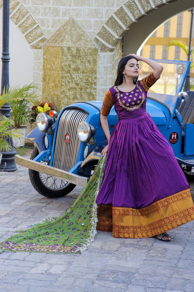 Purple Embroidery Work Gown With Stylish Dupatta