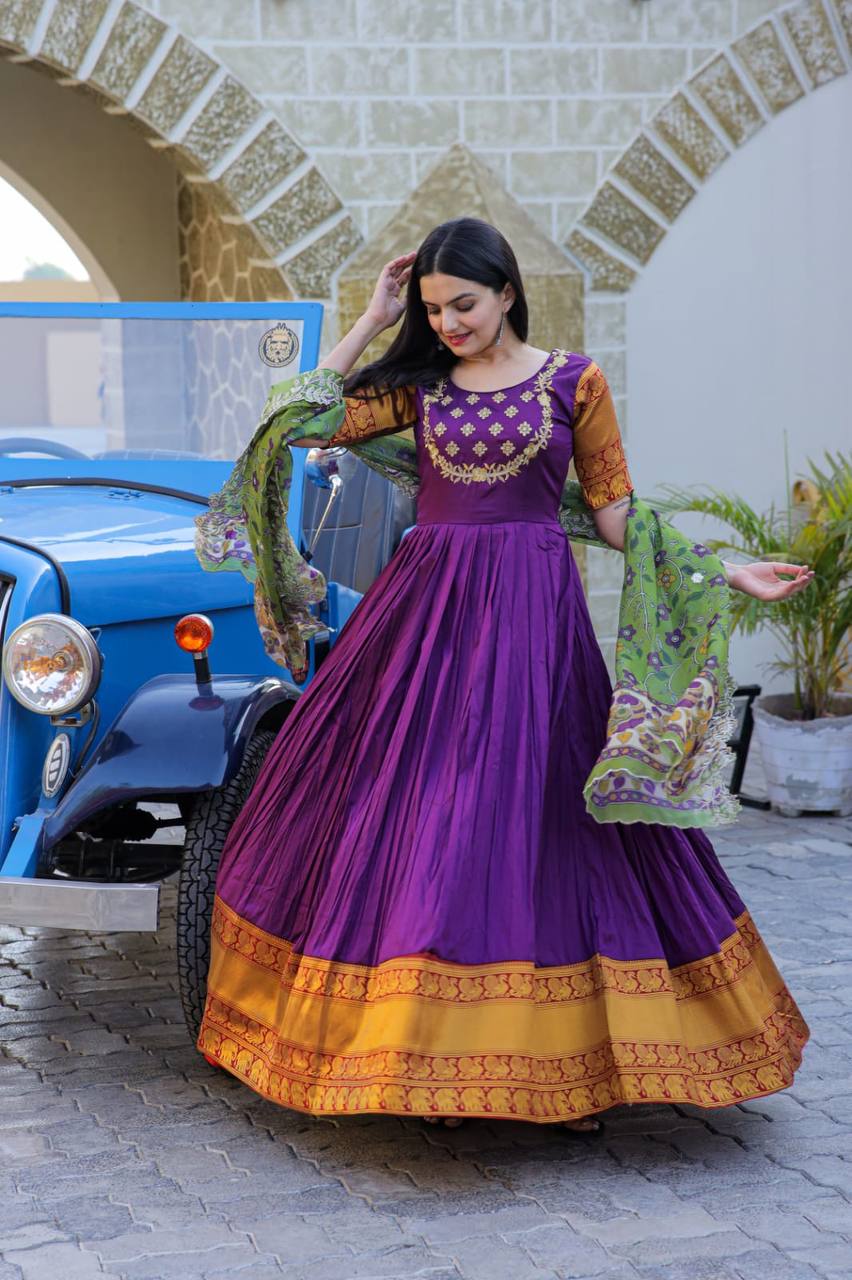 Purple Embroidery Work Gown With Stylish Dupatta
