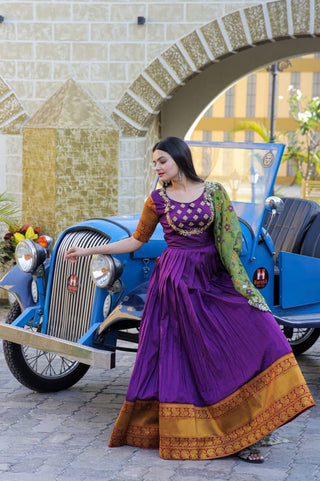 Purple Embroidery Work Gown With Stylish Dupatta