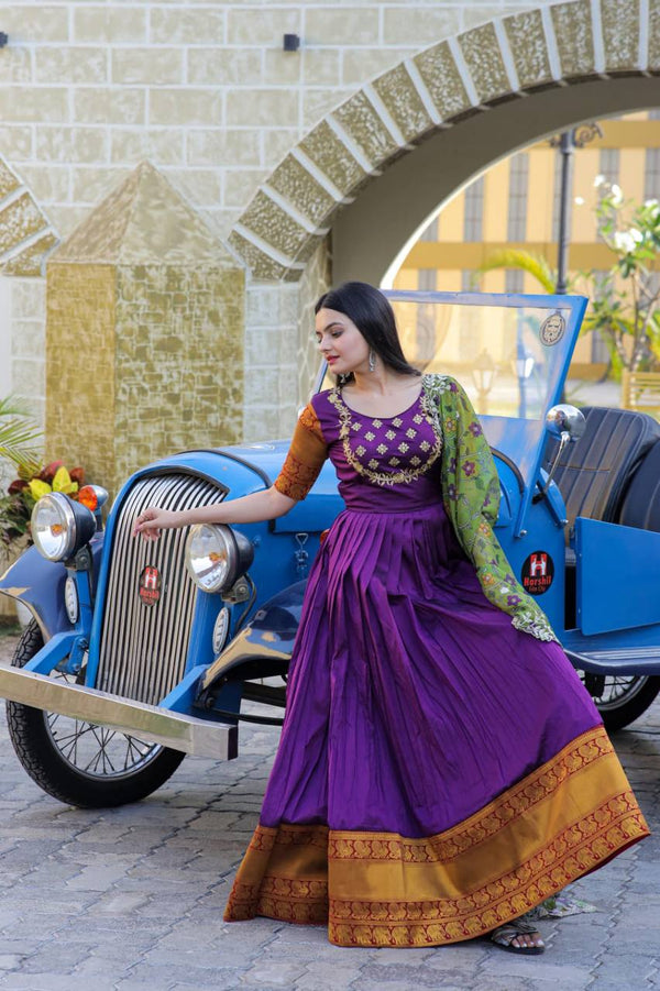 Purple Embroidery Work Gown With Stylish Dupatta