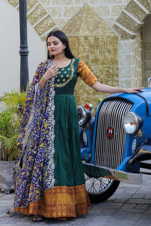 Green Embroidery Work Gown With Stylish Dupatta Main image