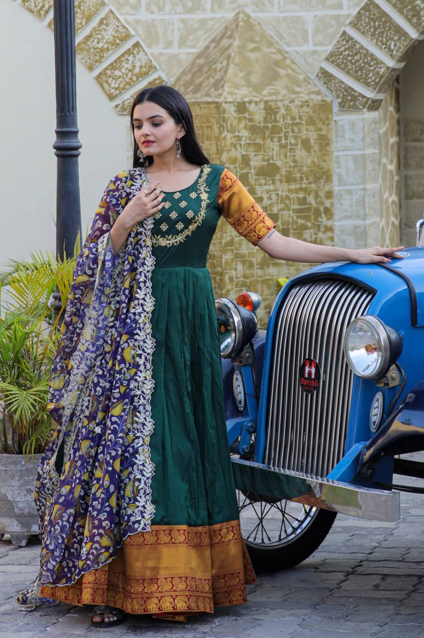 Green Embroidery Work Gown With Stylish Dupatta Main image