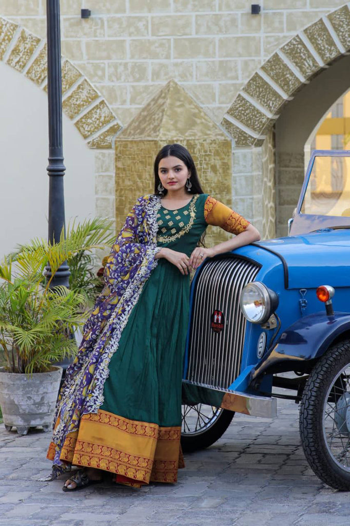 Green Embroidery Work Gown With Stylish Dupatta