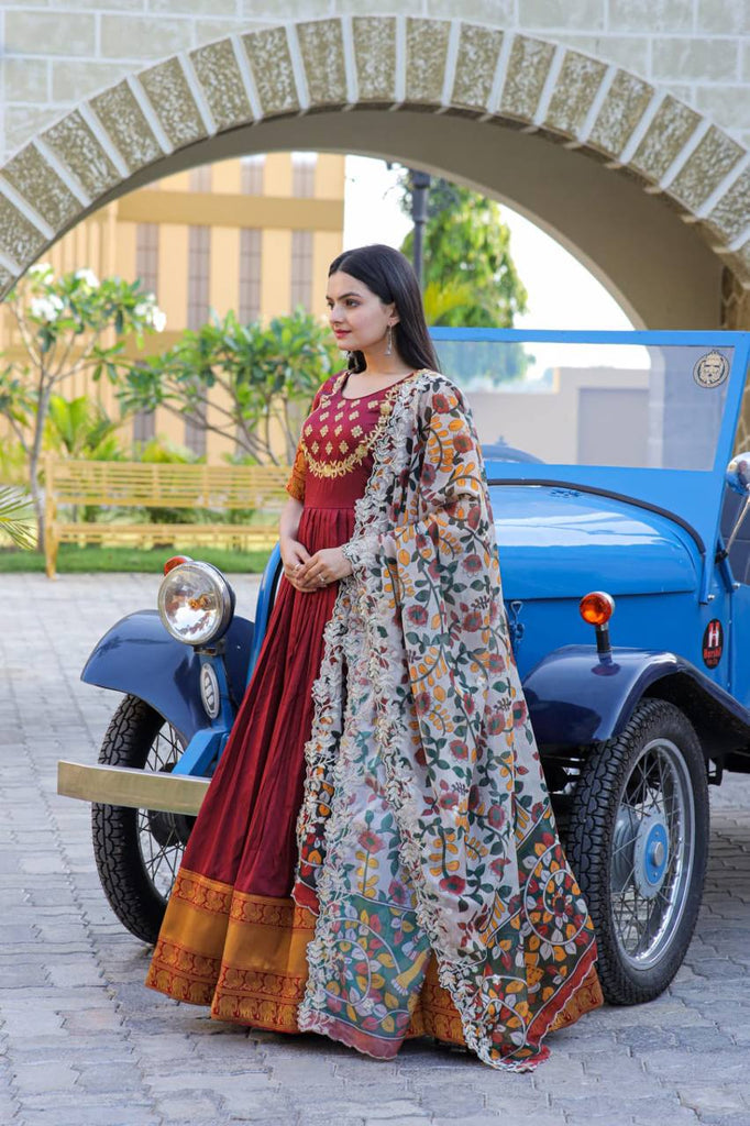 Maroon Embroidery Work Gown With Stylish Dupatta