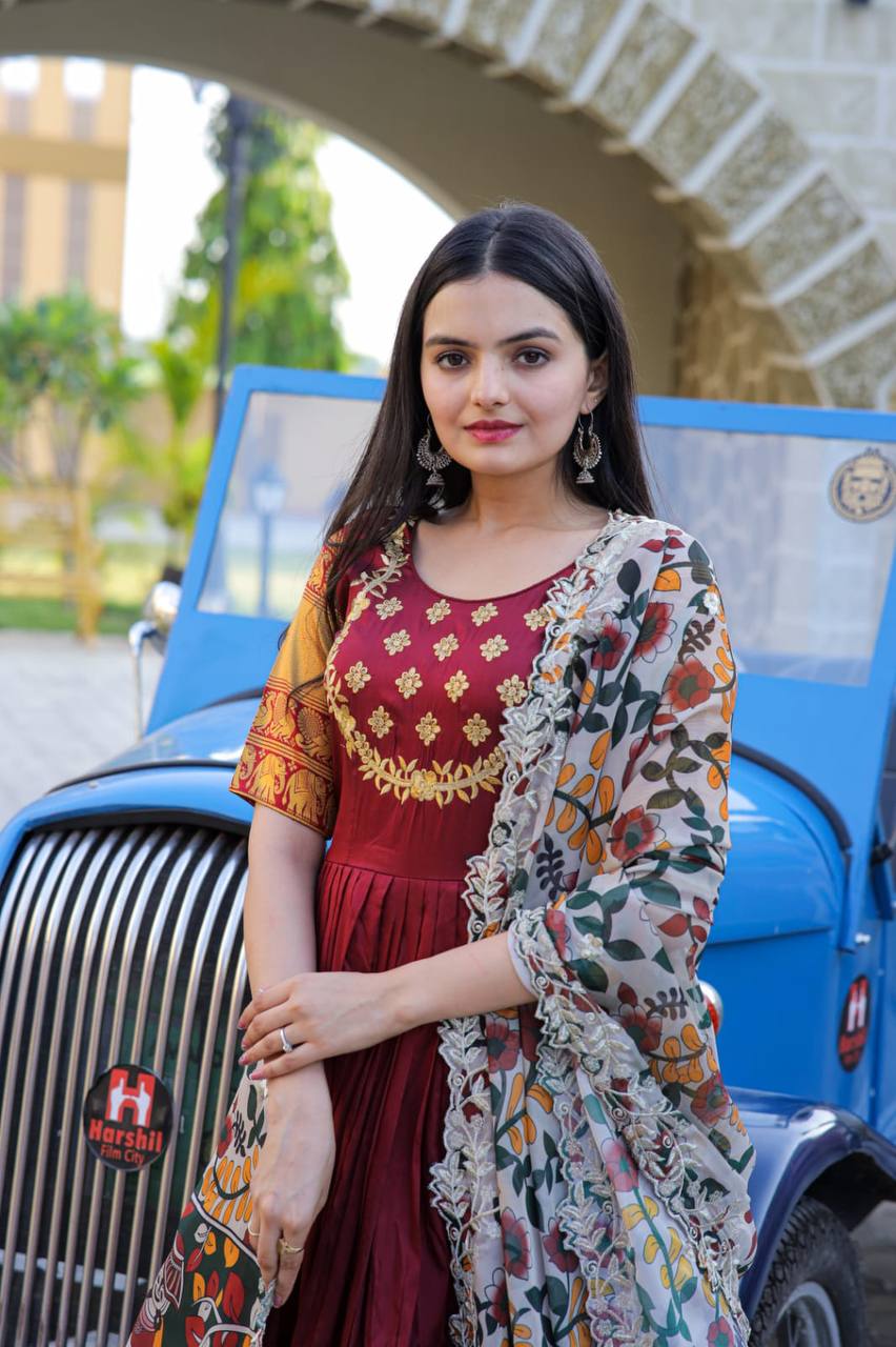 Maroon Embroidery Work Gown With Stylish Dupatta