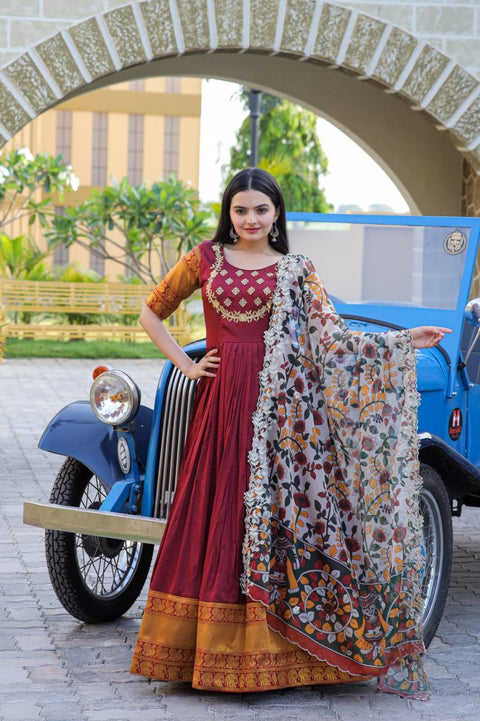 Maroon Embroidery Work Gown With Stylish Dupatta Main image