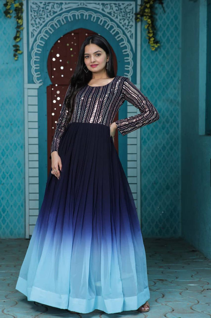 Rich Digital Print Work Blue Color Long Gown