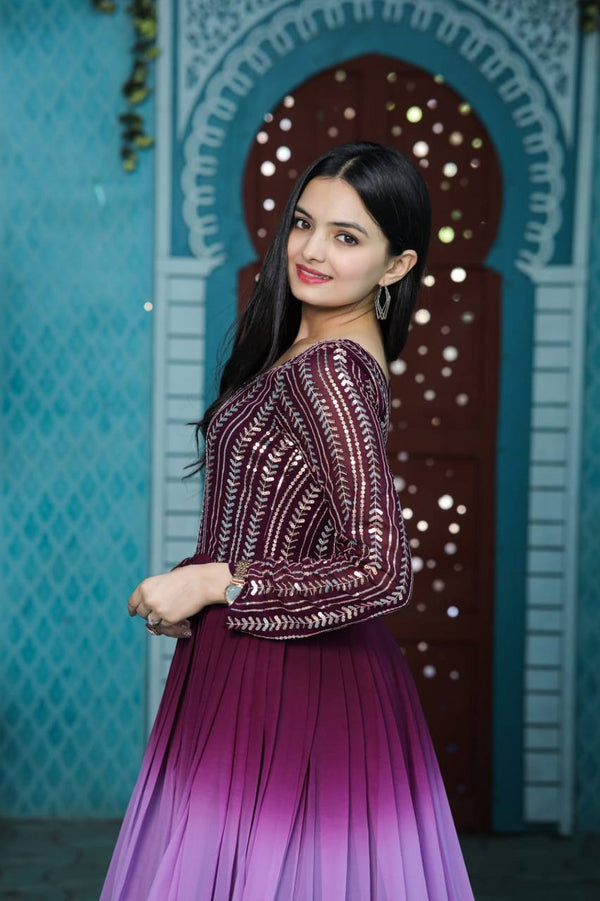 Rich Digital Print Work Wine Color Long Gown