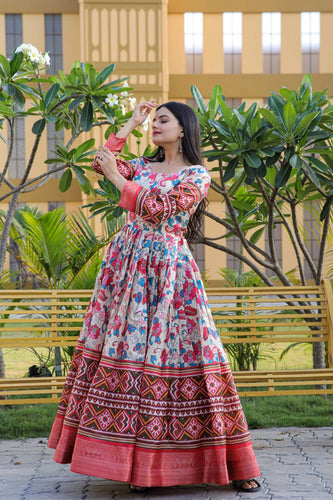 Kalamkari Print White With Red Classic Gown