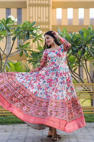Kalamkari Print White With Red Classic Gown