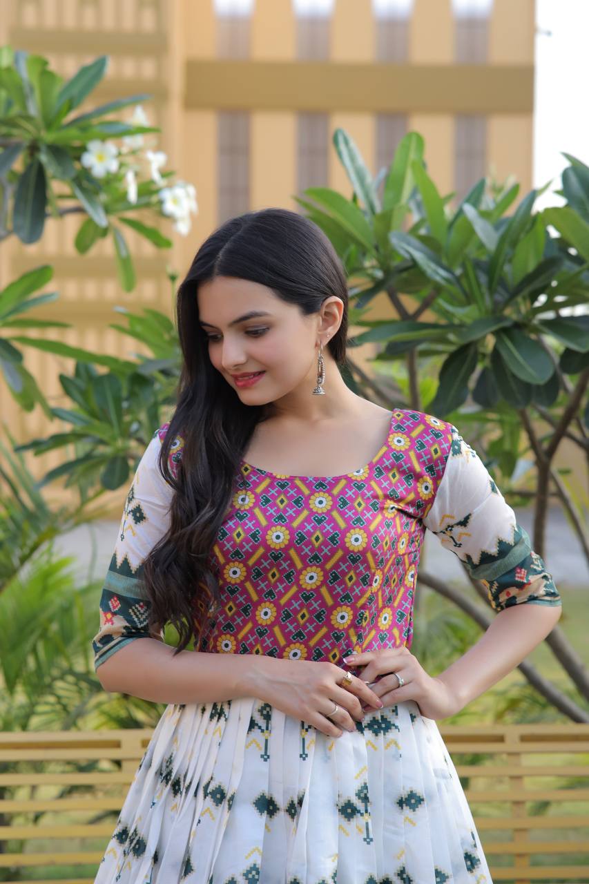 Party Wear White Color Patola Print Gown
