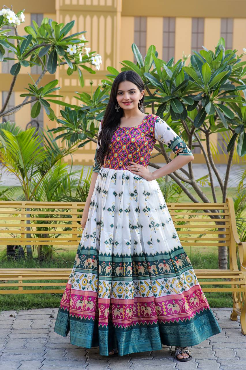 Party Wear White Color Patola Print Gown
