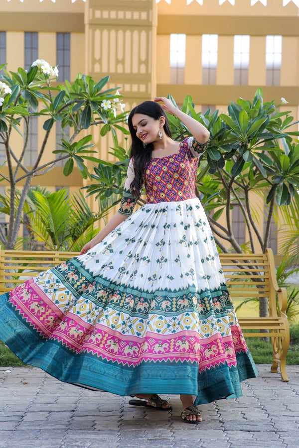 Party Wear White Color Patola Print Gown
