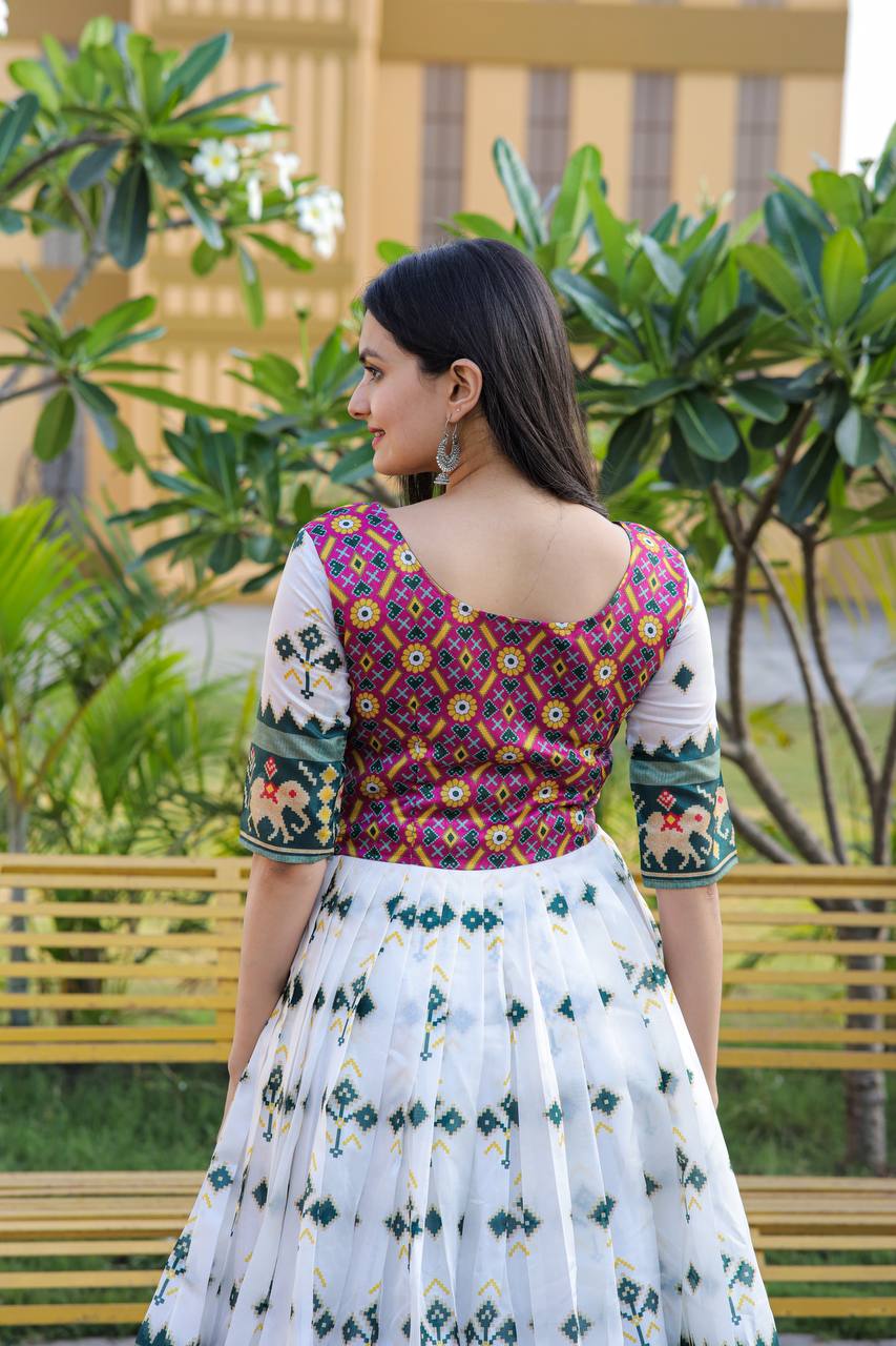 Party Wear White Color Patola Print Gown