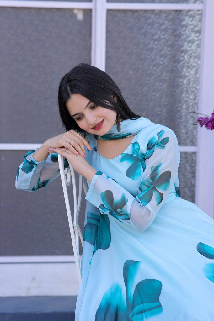 Occasion Wear Sky Blue Color Flower Print Gown - Clothsvilla Occasion Wear Sky Blue Color Flower Print Gown - Clothsvilla
