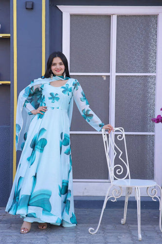 Occasion Wear Sky Blue Color Flower Print Gown