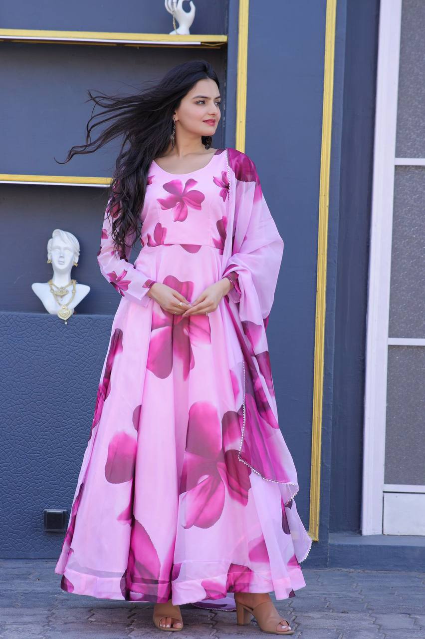 Occasion Wear Pink Color Flower Print Gown Main image