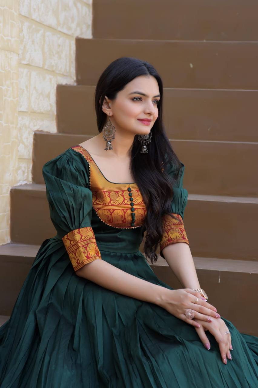 Fancy Round Neck Green Color Long Gown