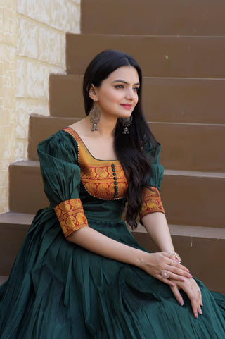 Fancy Round Neck Green Color Long Gown