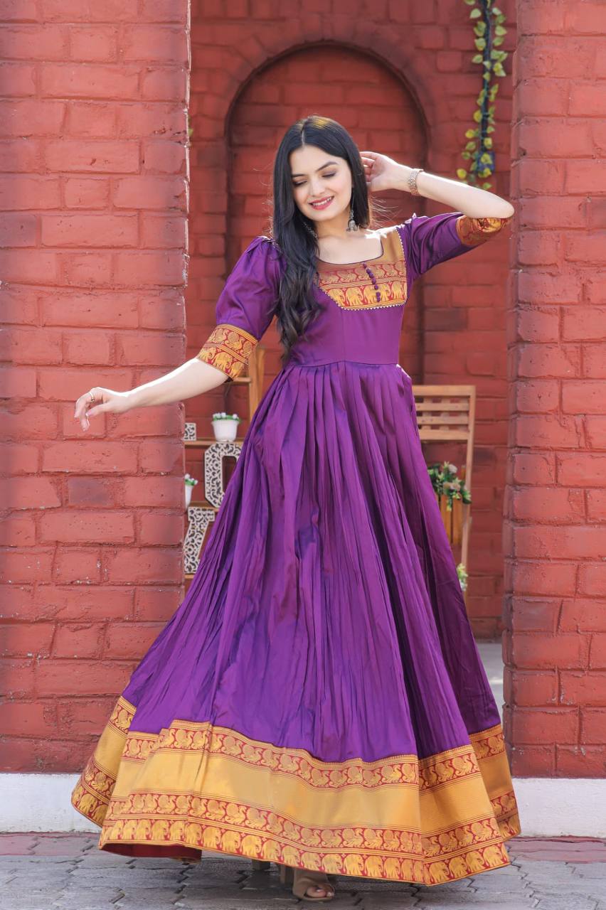 Fancy Round Neck Purple Color Long Gown