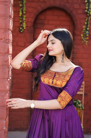 Fancy Round Neck Purple Color Long Gown