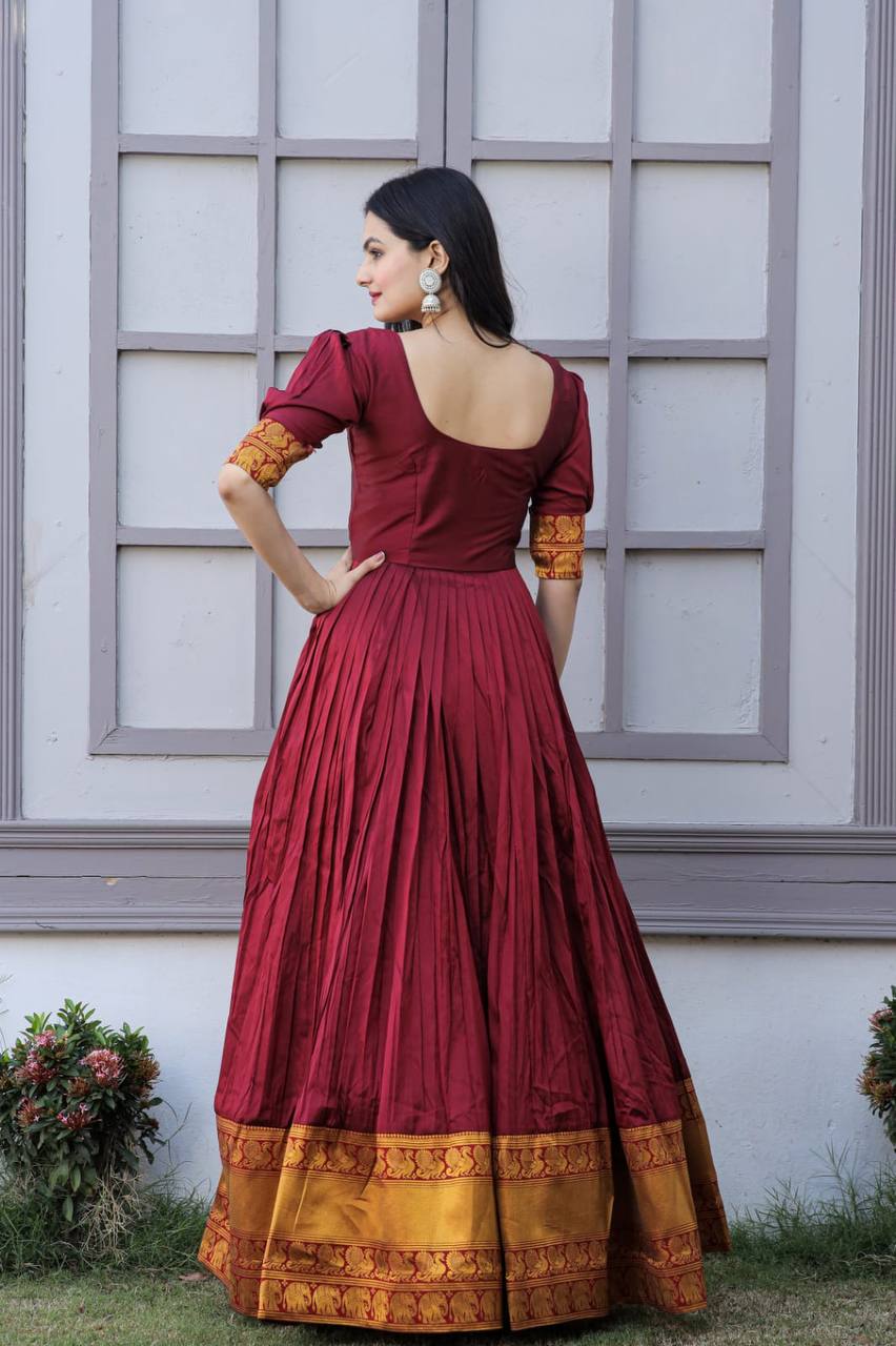 Fancy Round Neck Maroon Color Long Gown