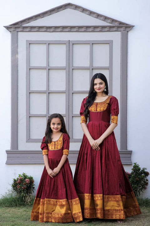 Mother-Daughter Maroon Color Beautiful Work Gown Main image
