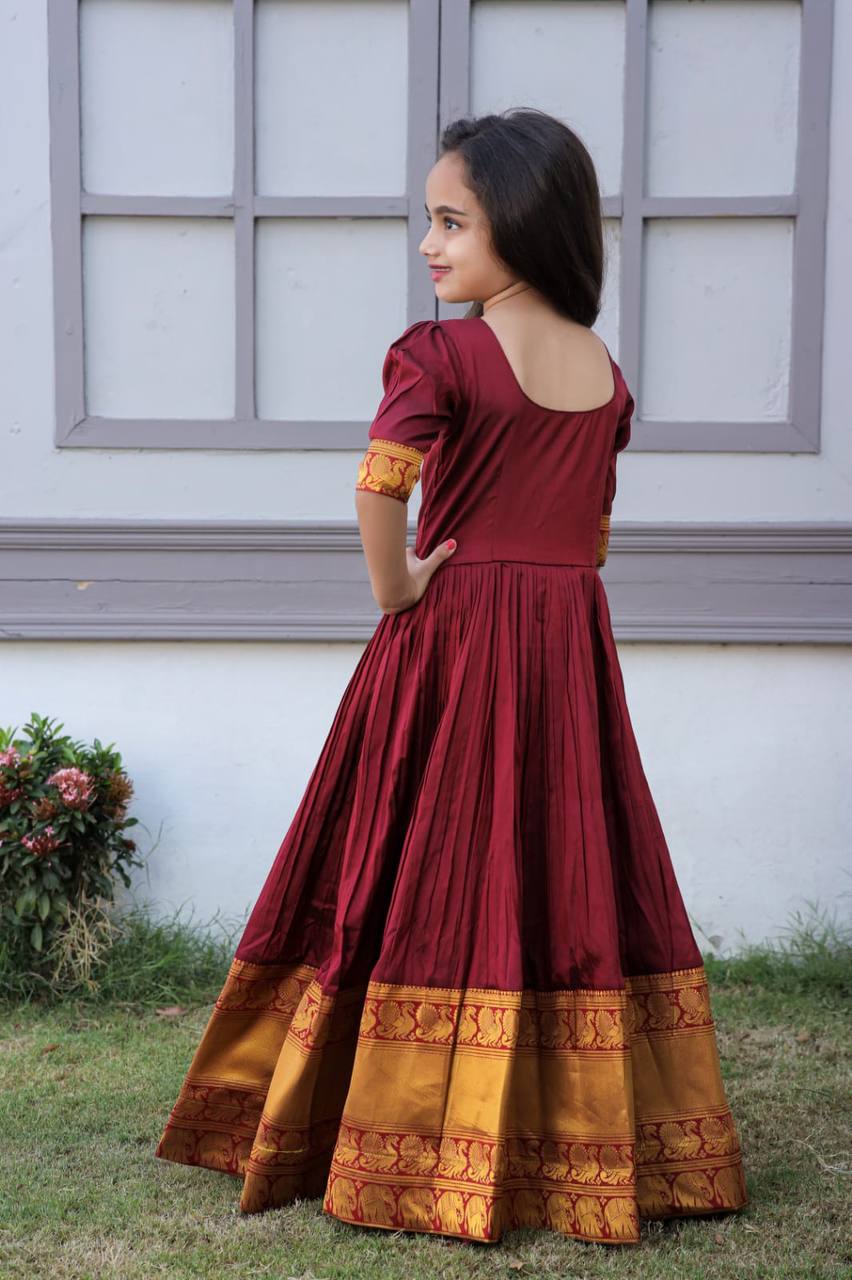 Mother-Daughter Maroon Color Beautiful Work Gown