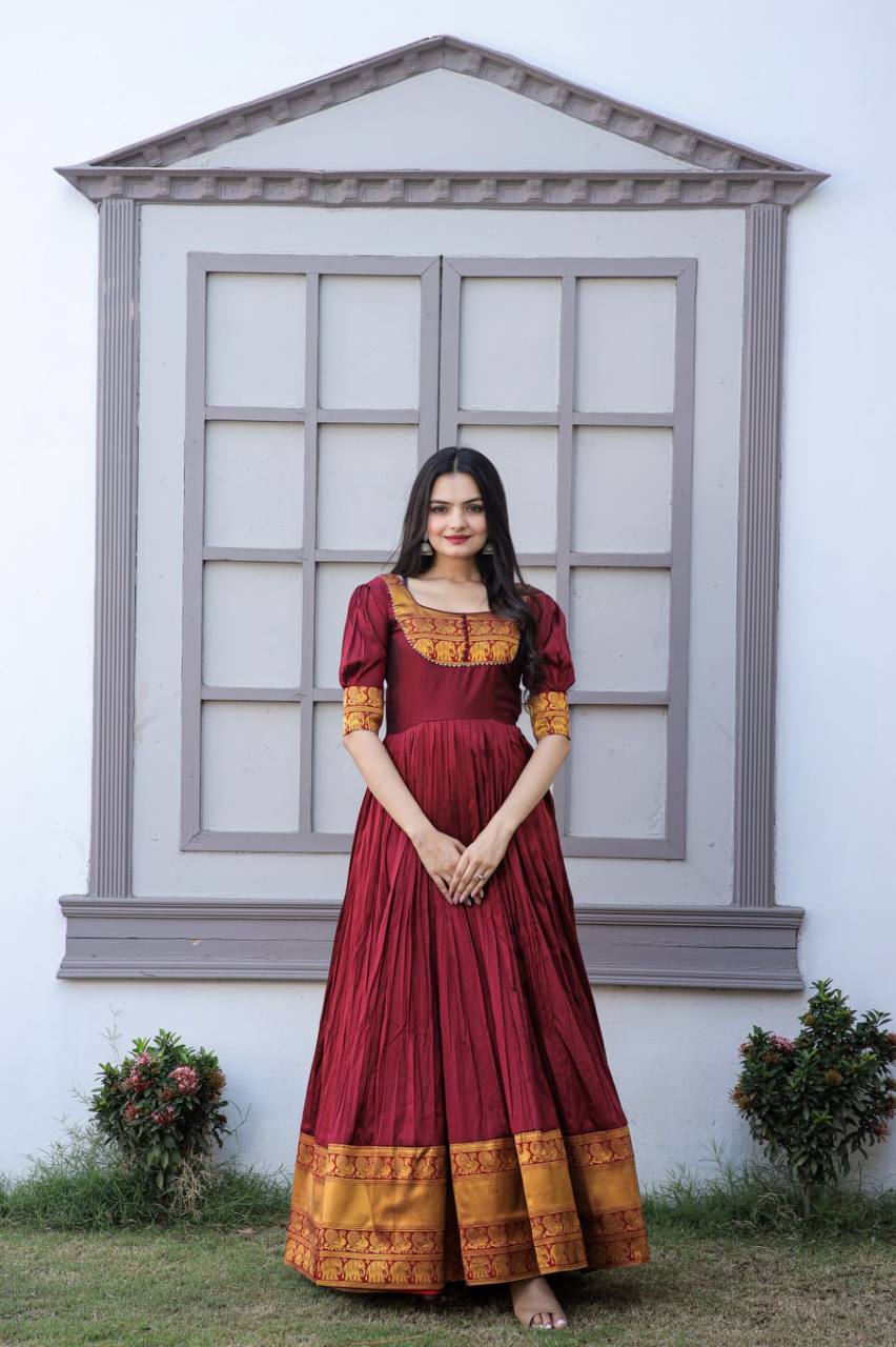 Mother-Daughter Maroon Color Beautiful Work Gown